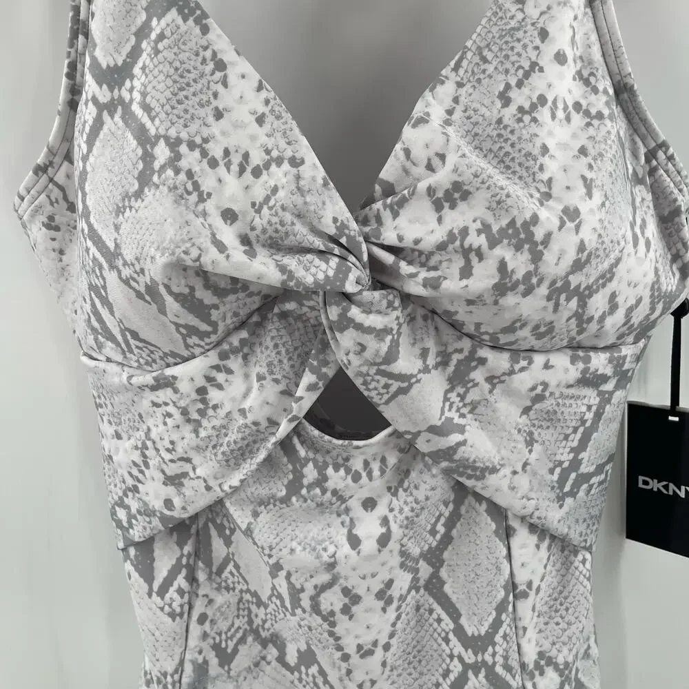 DKNY Swimsuit Size 8 One Piece NWT Gray White Scoop Back Twist Front Swim Beach - Picture 9 of 16